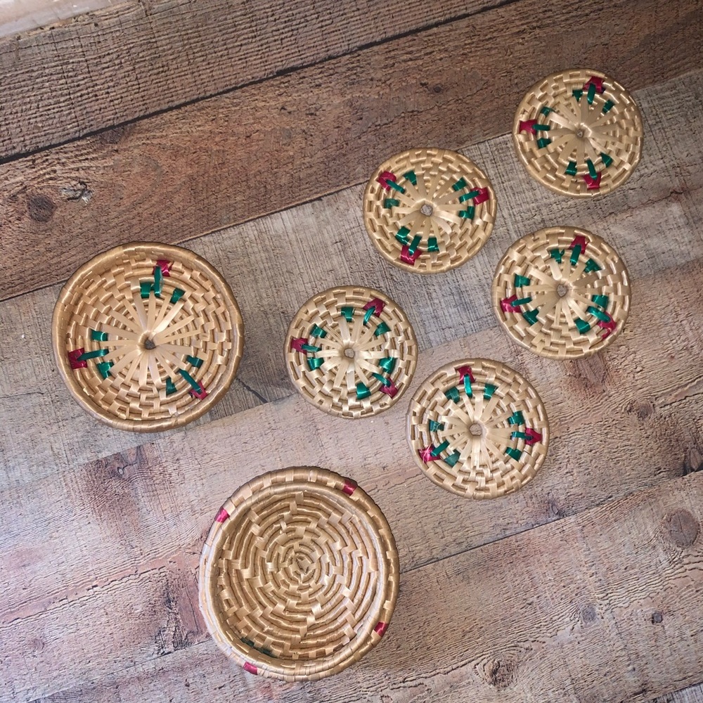 Set Of 5 Wicker Drink Coasters Straw Boho Vintage